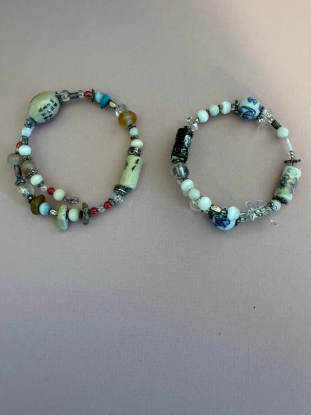 Blue, White, & Floral Beaded Coil Wrap Infinity Bracelet